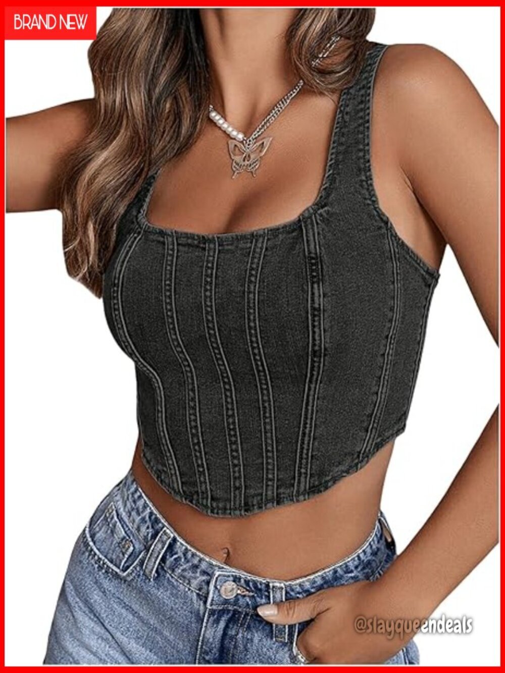 Square Neck Corset Denim Crop Top, Zip Back Asymmetrical Hem, Stretch Fabric